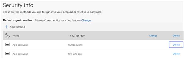 Link to delete the app password method from security info