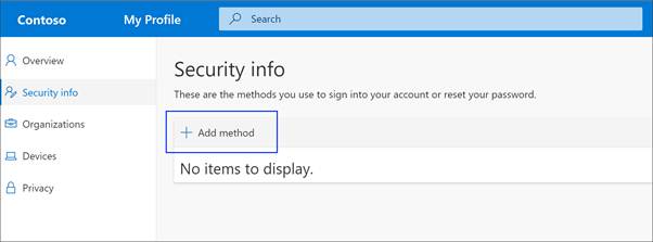 Security info page with highlighted Add method option