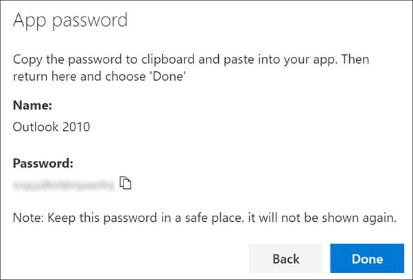 App password page, with name of app